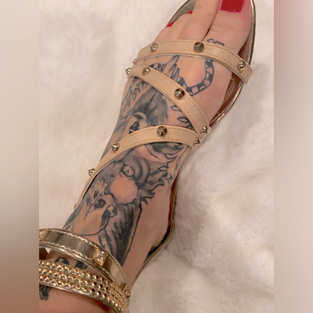 Metallic strappy studded sandals gold and beige new without tags